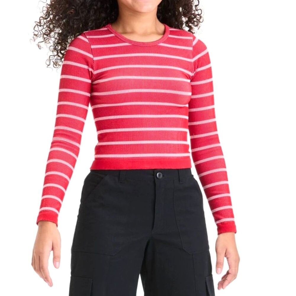 Art Class Girls' Long Sleeve Ribbed Striped Top - Red & Pink - Medium (8)